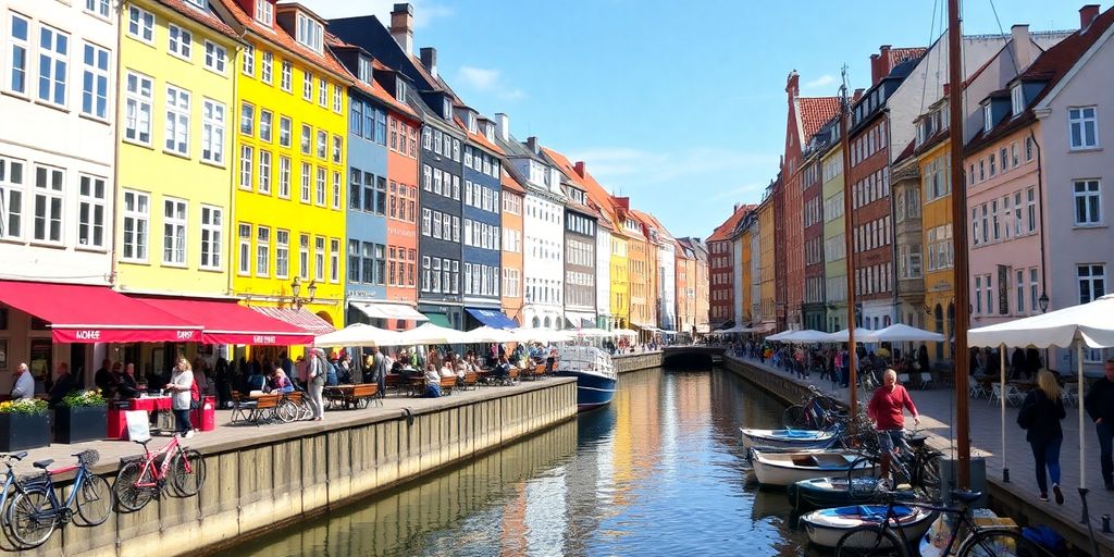 Copenhague: prédios coloridos e canal vibrante na cidade.