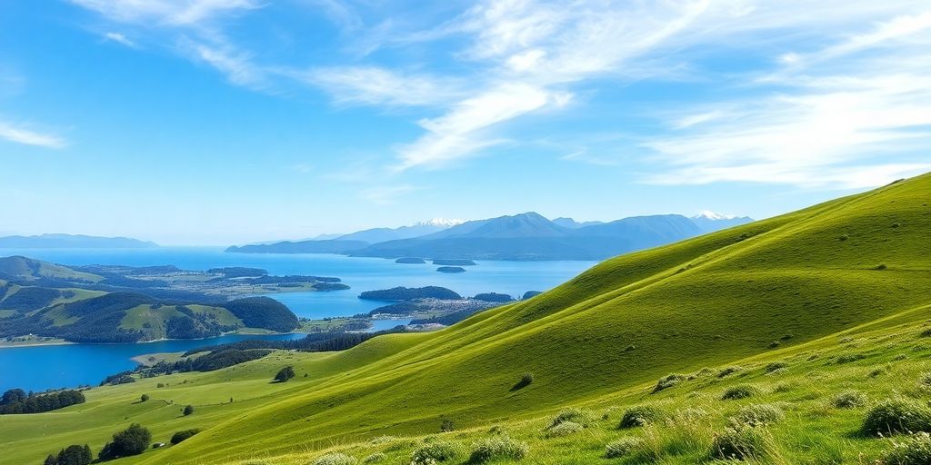 Paisagem serena da Nova Zelândia com montanhas e lagos.