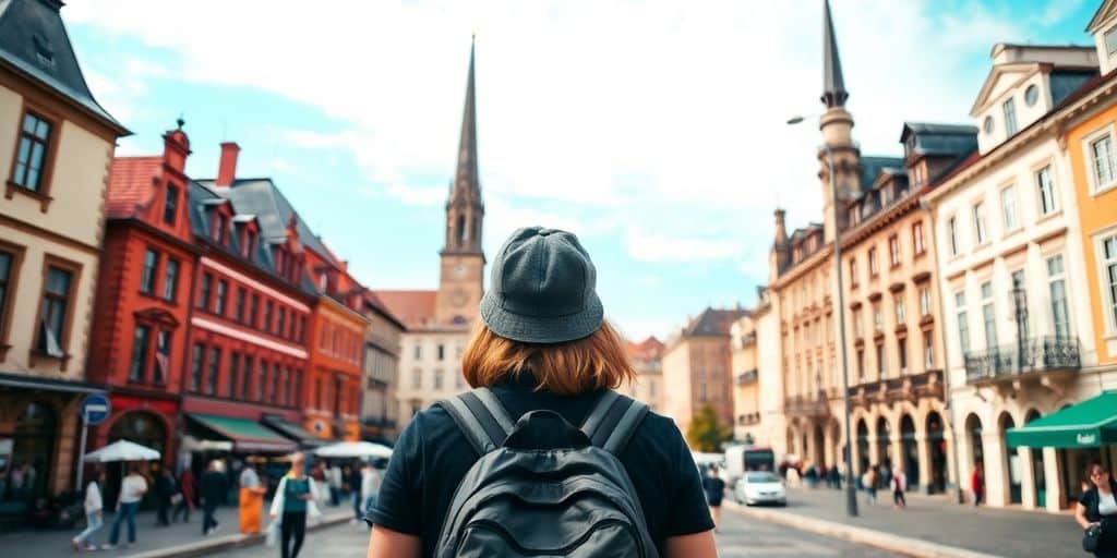 Viajante solo explorando pontos turísticos na Europa.