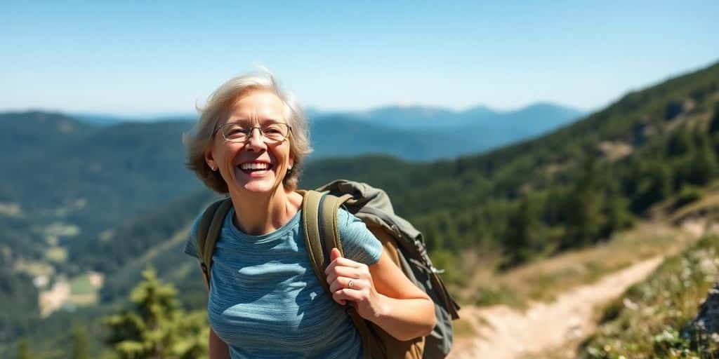 Mulher idosa sorrindo durante caminhada ao ar livre.