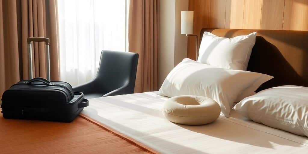 Cama confortável com travesseiros em ambiente de hotel.