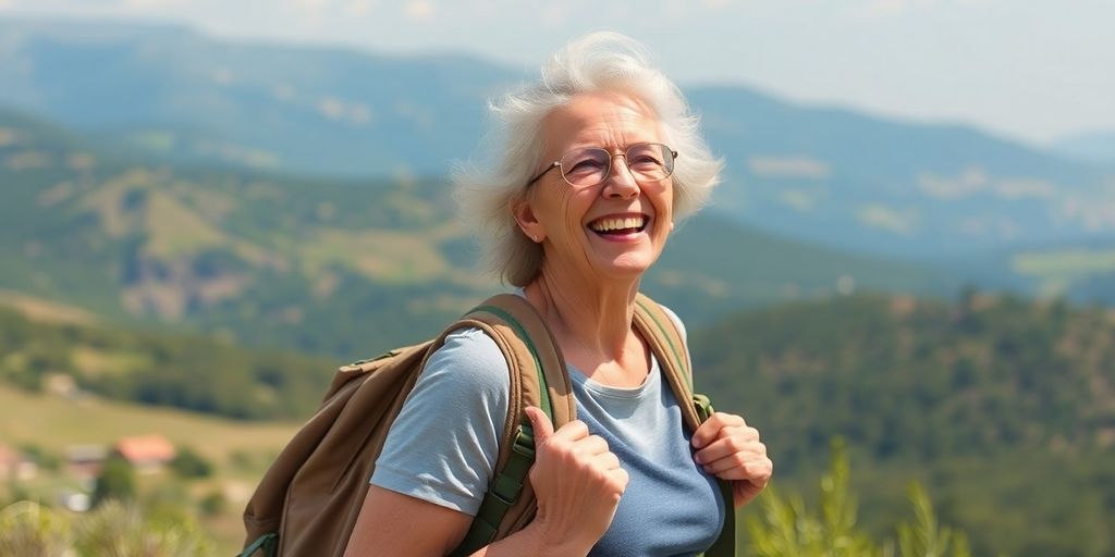 Mulher idosa sorrindo em paisagem natural durante viagem.