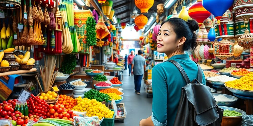 Mulher explorando mercado tailandês vibrante e colorido.