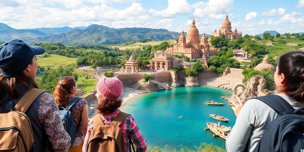 Viagem com pessoas explorando paisagens diversas e interagindo.