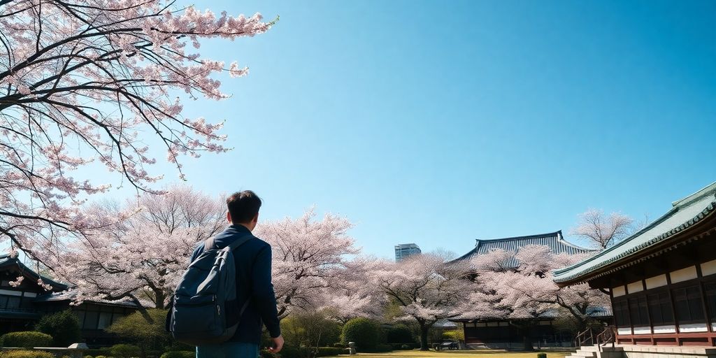 Viajante solitário em um jardim de Kyoto com flores.