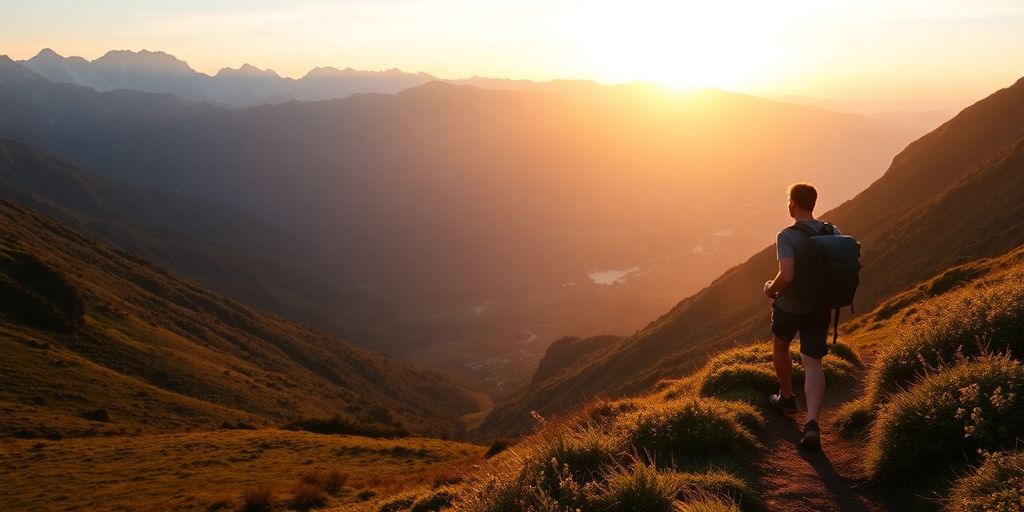 Viajante solitário em trilha montanhosa ao pôr do sol