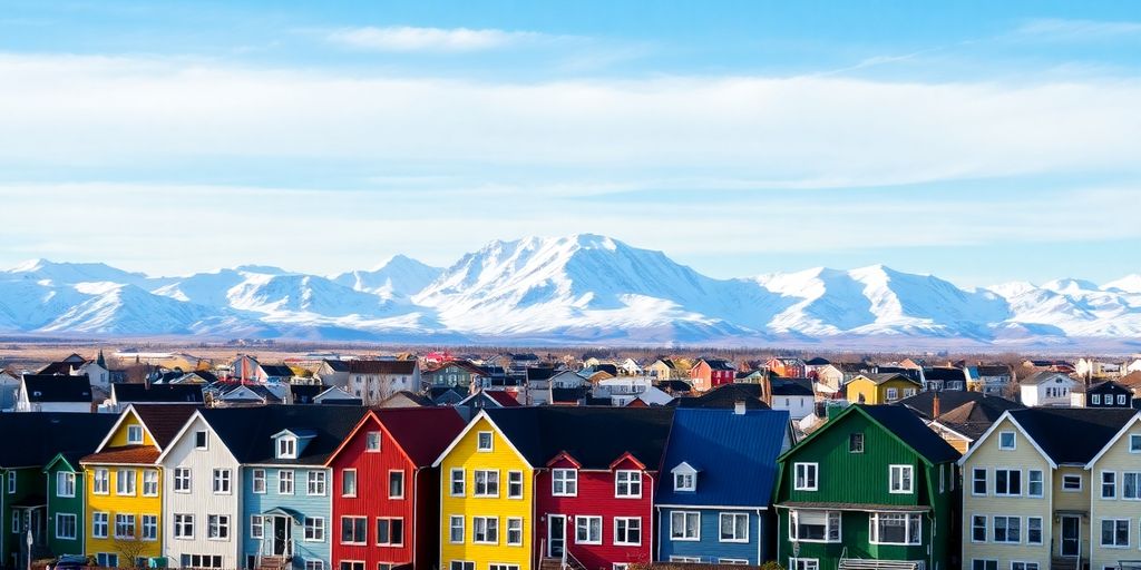 Casas coloridas de Reykjavik com montanhas ao fundo.