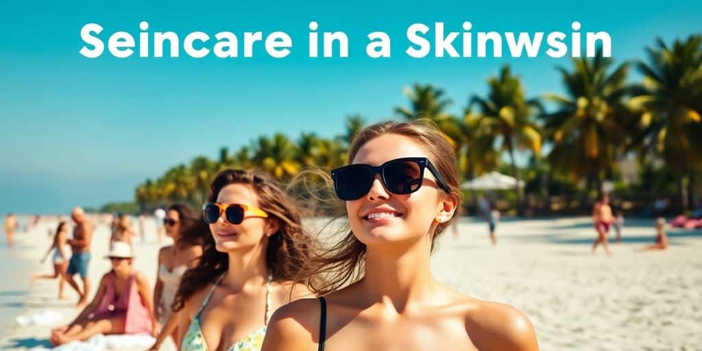 Pessoas usando óculos escuros em uma praia ensolarada com palmeiras, com o texto Cuidados com a pele em Skinwsin.