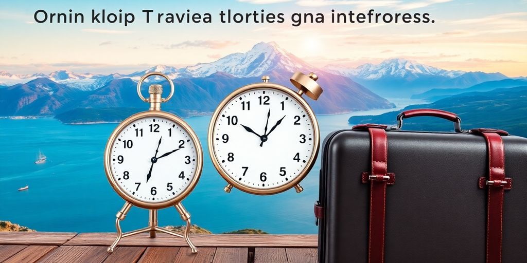 Relógio e mala em um cenário de viagem vibrante.