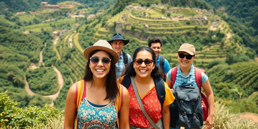 Amigos explorando campos em socalcos, abraçando o desenvolvimento pessoal em viagens, sorrindo sob o céu ensolarado.