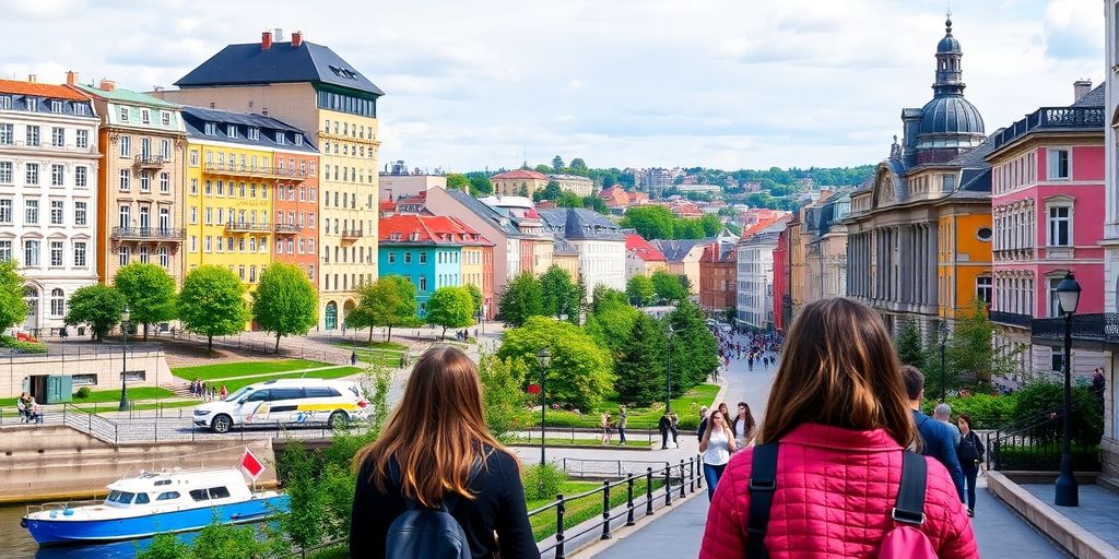 Cenário vibrante de Oslo com mulheres explorando a cidade.