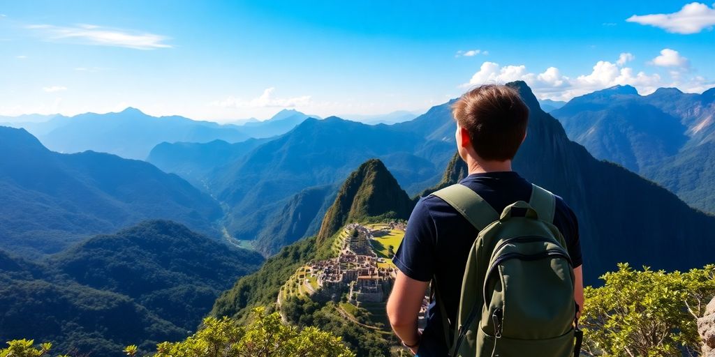 Viajante solo contemplando paisagem montanhosa deslumbrante.