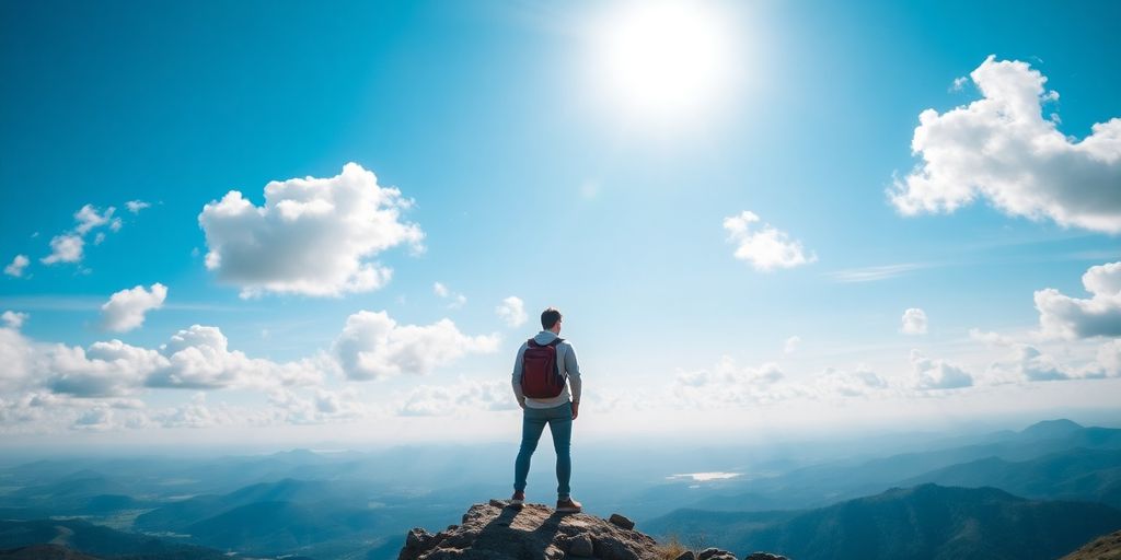 Viajante em pico de montanha com vista deslumbrante.
