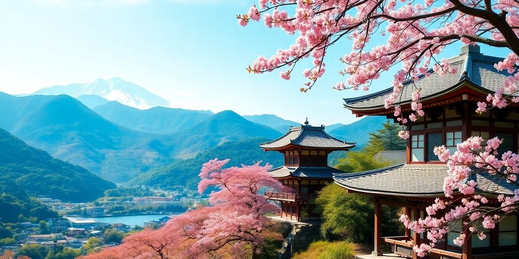 Templo tranquilo cercado por flores de cerejeira no Japão.