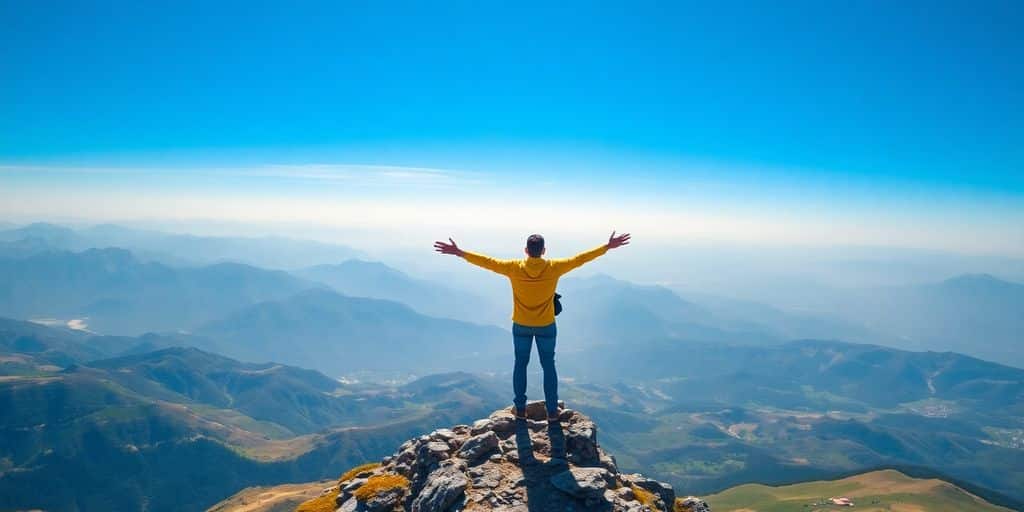 Mulher viajando sozinha em uma montanha ao pôr do sol.