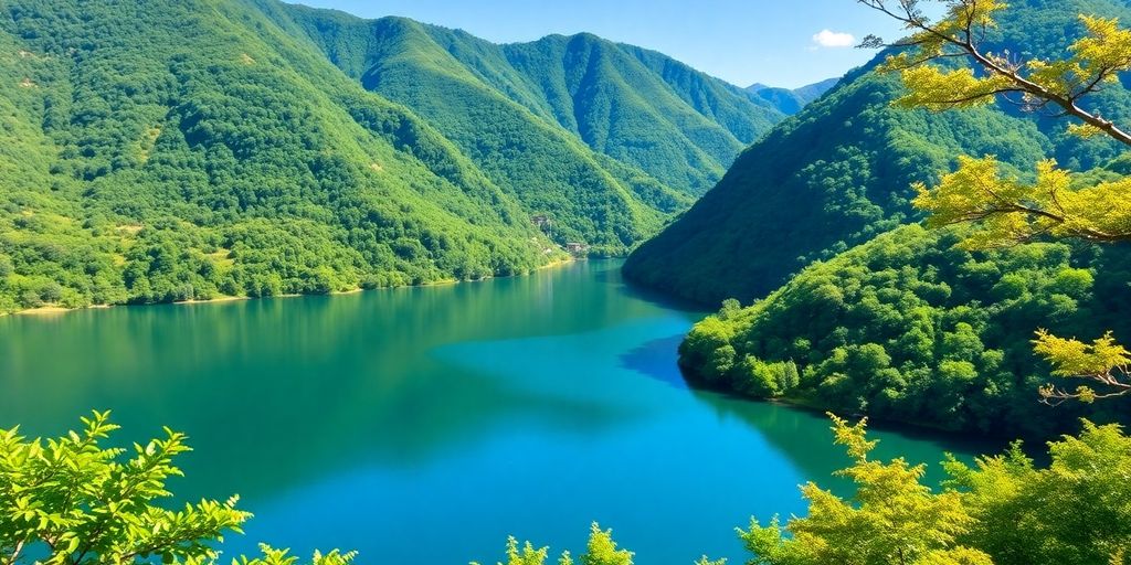 Um vale verde vibrante com um rio sereno, perfeito para uma viagem solo segura no Japão, cercado por colinas verdejantes sob um céu limpo.