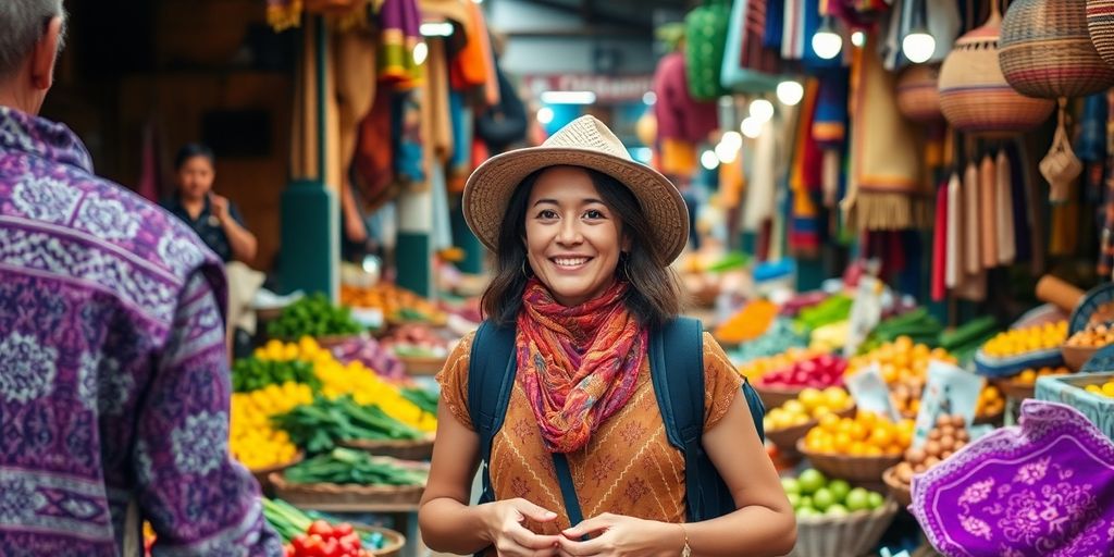 Viajante solo explorando mercados vibrantes e culturas diversificadas.