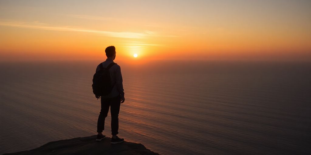 Viajante solitário contemplando o pôr do sol.