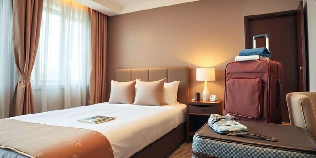 Cena de viagem confortável e econômica com hotel e mala.