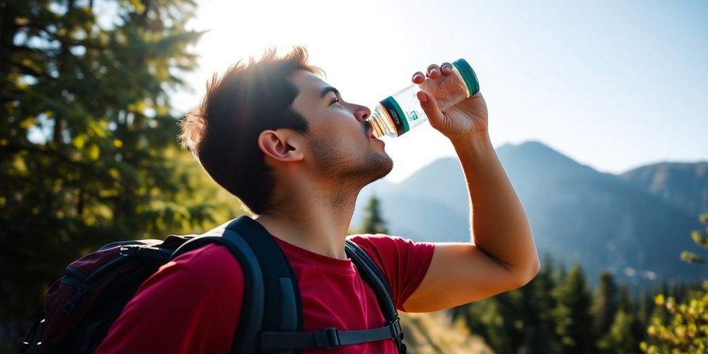 Hiker bebendo água em meio à natureza durante aventura.