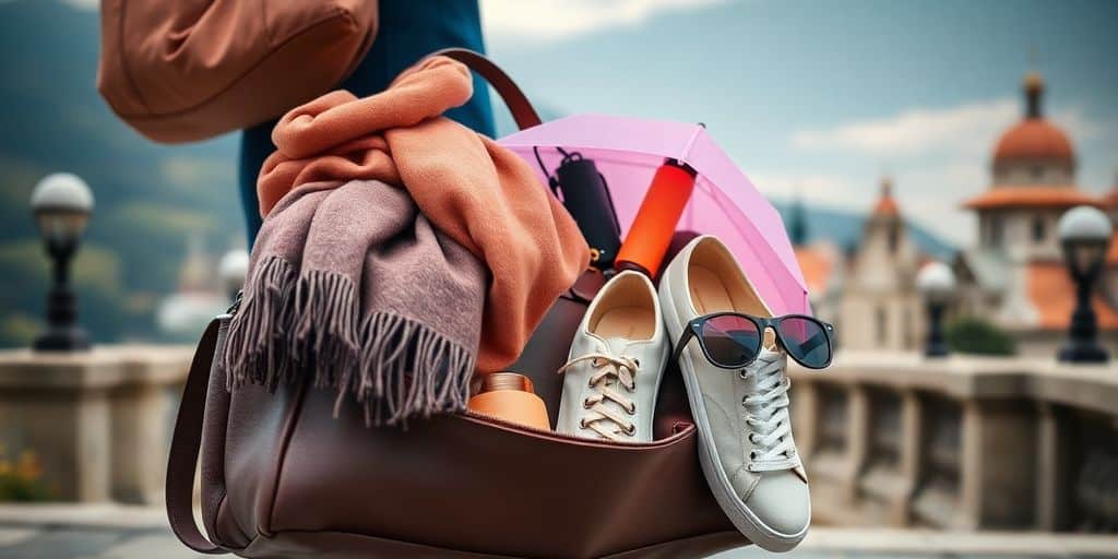 Acessórios de viagem para mulheres maduras em uma mala.