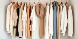 Guarda-roupa minimalista e elegante com roupas versáteis.