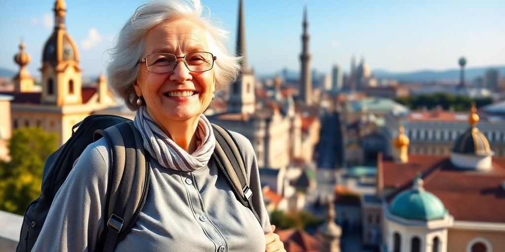 Mulher idosa sorrindo com mochila em viagem.
