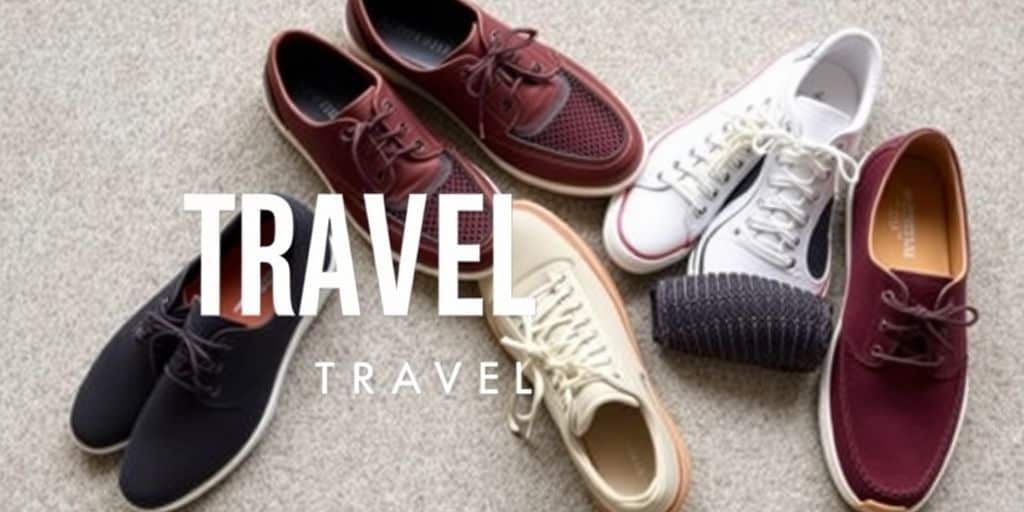 Sapatos casuais variados sobre um tapete, perfeitos para escolher seu calçado de viagem, com "TRAVEL" em letras brancas em negrito sobreposto.