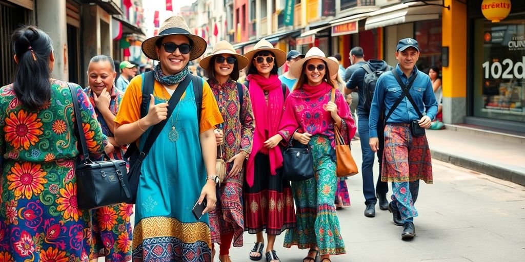 Viajantes usando moda local colorida e estilosa.