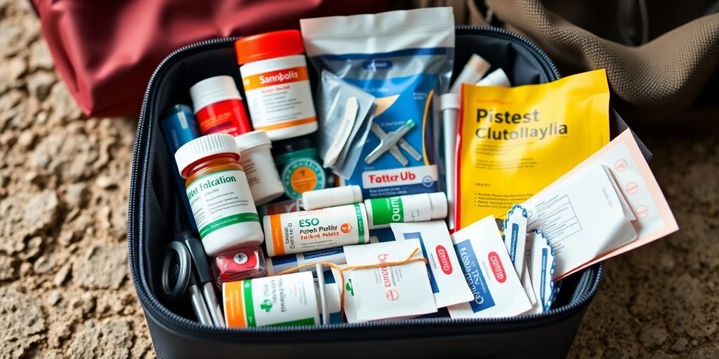 Kit de farmácia portátil com medicamentos e suprimentos médicos.