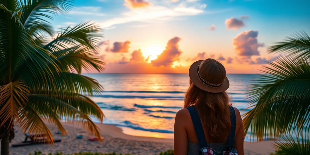 Mulher sorridente em destino exótico ao pôr do sol.