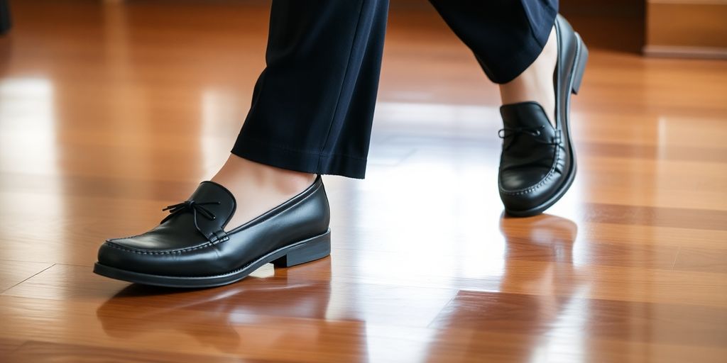 Pessoa de sapatos funcionais para viagem e calças escuras andando sobre um piso de madeira polida.
