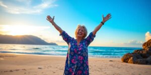 Mulher sorridente em praia ao pôr do sol.