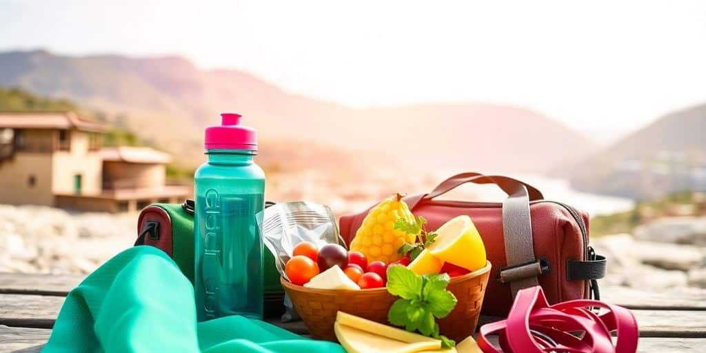Alimentos saudáveis e equipamentos de exercício em viagem.