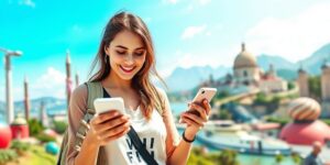 Mulher viajando sozinha com smartphone em paisagem deslumbrante.