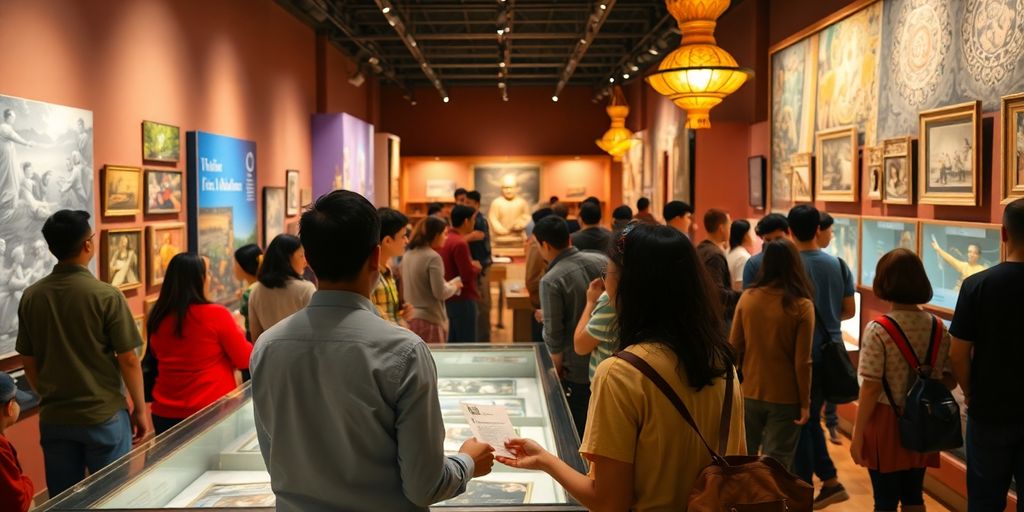 Visitantes interagindo em um museu vibrante e cultural.