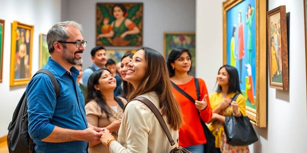 Grupo em visita guiada a uma galeria de arte.