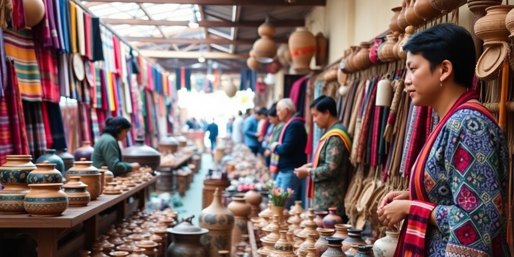 Artesãos locais vendendo artesanato tradicional em mercado vibrante.