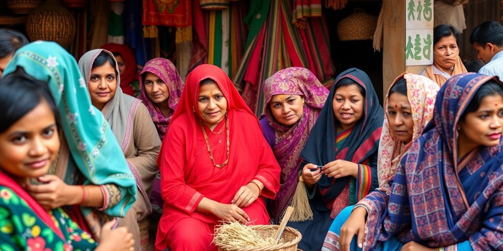 Aprendendo tradições com moradores locais, as mulheres em sarees coloridos ensinam e conversam em um mercado ao ar livre.