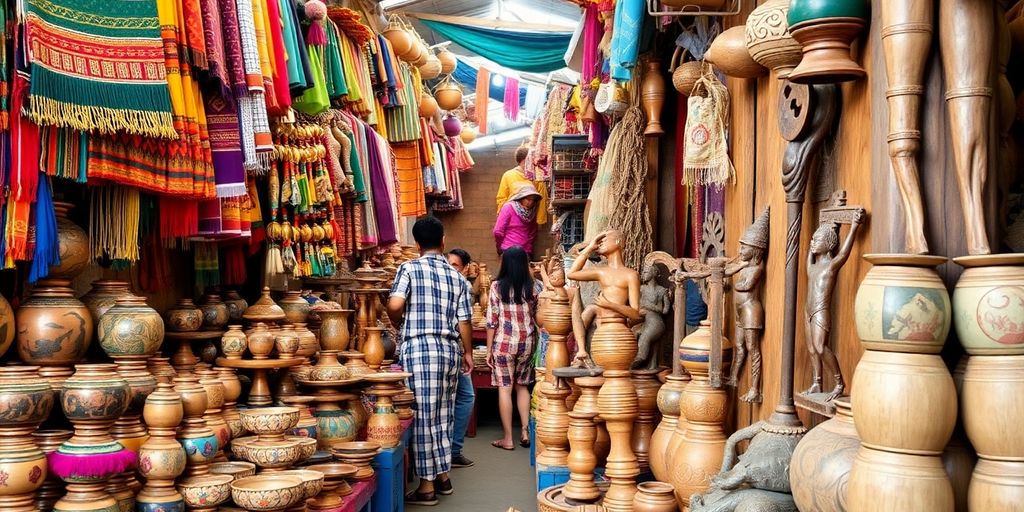 Pessoas fazendo compras em um mercado colorido, aprendendo como comprar artesanato local com consciência cultural.