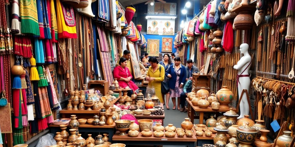 Os compradores exploram tecidos coloridos e artigos de latão, aprendendo como comprar artesanato local com consciência cultural.