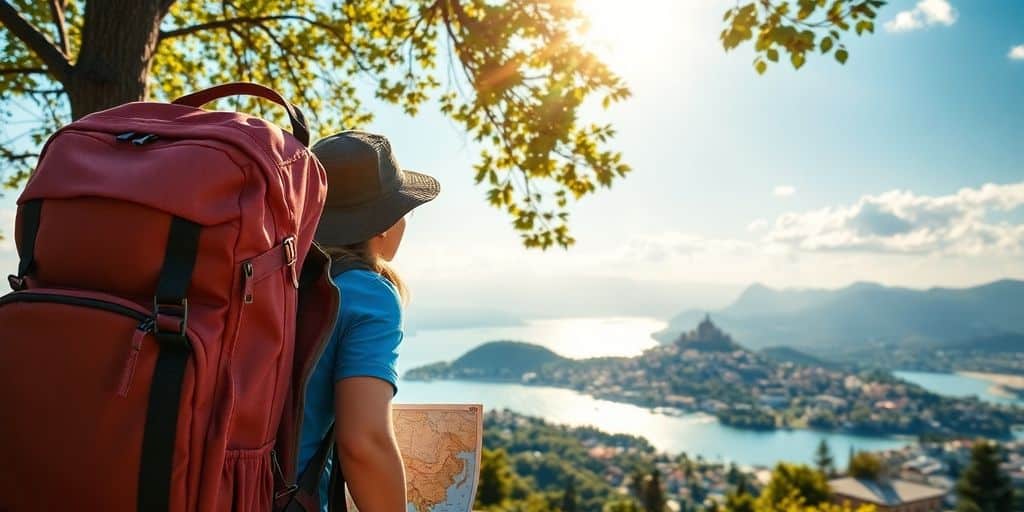 Viajante com mochila grande e mapa desfruta de uma cidade pitoresca à beira do lago – como fazer da viagem um estilo de vida leve e prazeroso.