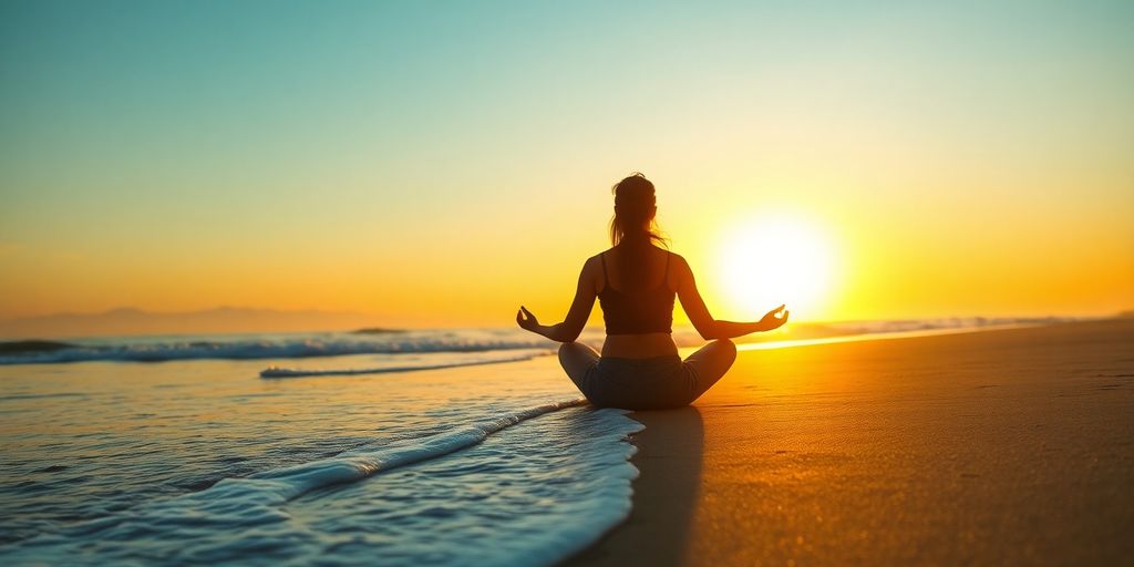 Uma pessoa medita em uma praia ao nascer do sol, explorando como manter sua espiritualidade e conexão interior em viagem.