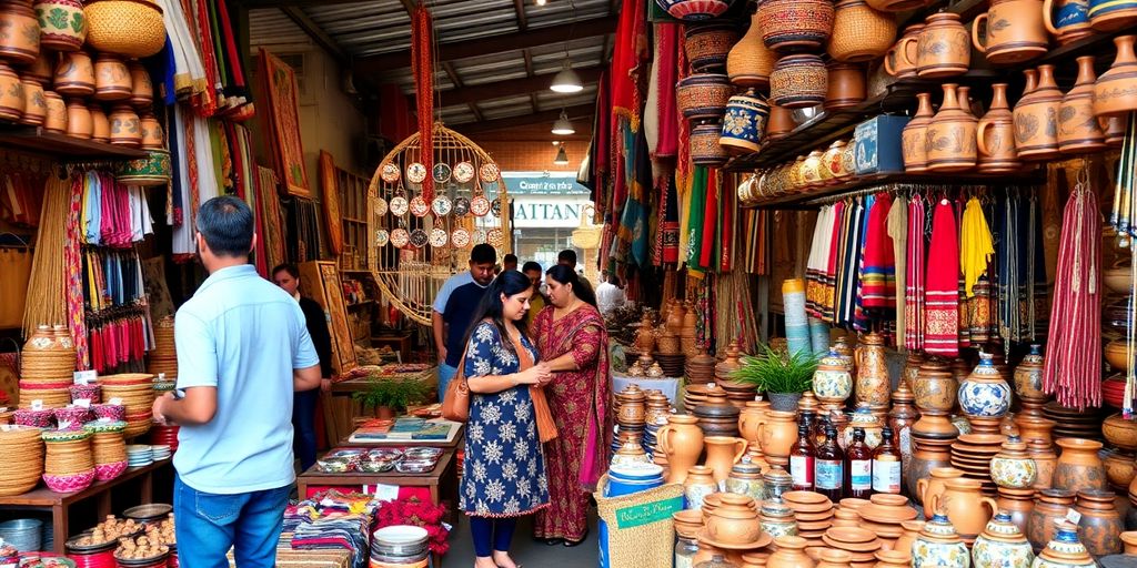 Pessoas fazendo compras em uma barraca de mercado vibrante, descobrindo como mergulhar na cultura local durante suas viagens.