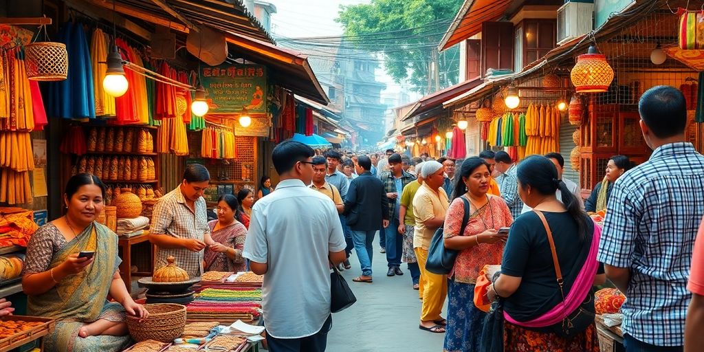 Um movimentado mercado ao ar livre onde você pode mergulhar na cultura local enquanto compra tecidos coloridos e barracas de rua.