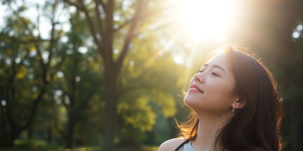 Mulher curtindo a luz do sol ao ar livre, abraçada, como se adaptar ao ritmo local e aproveitar com mais leveza, olhos fechados e sorrindo.