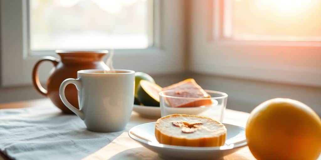 Uma mesa de café da manhã com café, doces e laranja o convida a aproveitar com mais leveza a luz quente do sol da manhã.
