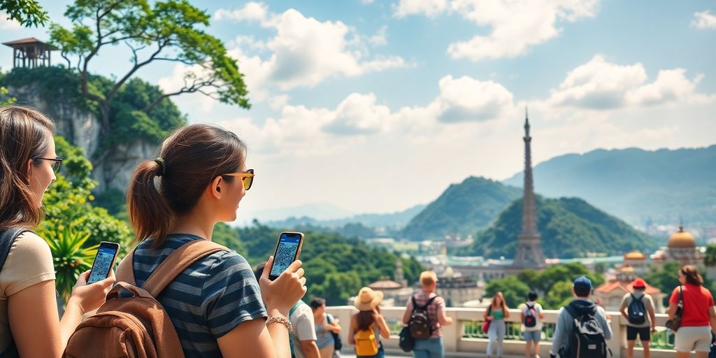 Turistas com mochilas tiram fotos de uma paisagem montanhosa e de um monumento, aprendendo como usar QR Codes em atrações no exterior.