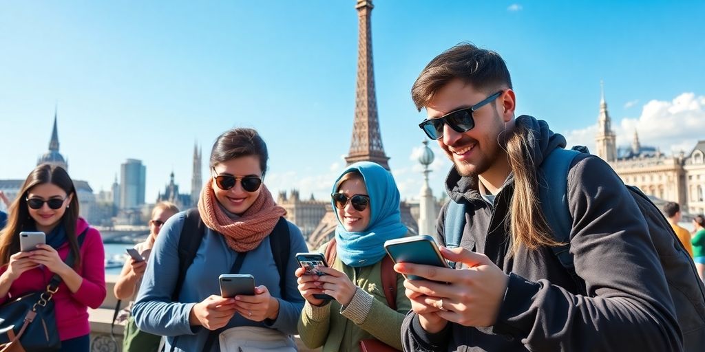Um grupo de jovens usando smartphones para aprender como usar QR Codes em atrações no exterior perto da Torre Eiffel.