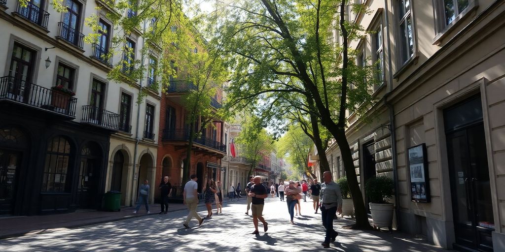 As pessoas estão descobrindo a história das cidades através das caminhadas em uma rua ensolarada e arborizada com prédios históricos.